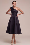 One Shoulder Satin A Line Little Black Dress with Bow
