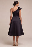 One Shoulder Satin A Line Little Black Dress with Bow