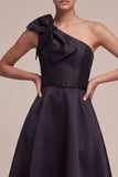 One Shoulder Satin A Line Little Black Dress with Bow