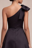 One Shoulder Satin A Line Little Black Dress with Bow