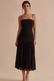 Simple Black A Line Spaghetti Straps Midi Dress