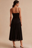 Simple Black A Line Spaghetti Straps Midi Dress