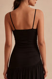 Simple Black A Line Spaghetti Straps Midi Dress