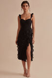 Sheath Ruffled Little Black Dress with Slit