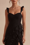 Sheath Ruffled Little Black Dress with Slit