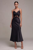 Satin Lace Spaghetti Straps Black Midi Dress