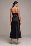 Satin Lace Spaghetti Straps Black Midi Dress