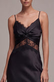 Satin Lace Spaghetti Straps Black Midi Dress