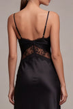 Satin Lace Spaghetti Straps Black Midi Dress