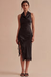 Halter Sheath Satin Little Black Dress with Slit