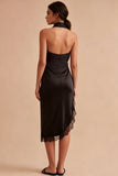 Halter Sheath Satin Little Black Dress with Slit