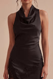 Halter Sheath Satin Little Black Dress with Slit