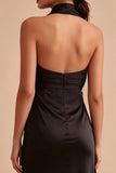 Halter Sheath Satin Little Black Dress with Slit