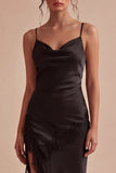 Sheath Lace Spaghetti Straps Little Black Dress with Slit