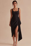 Bodycon Square Neck Ruched Little Black Dress with Drape
