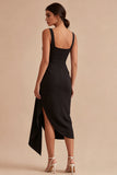 Bodycon Square Neck Ruched Little Black Dress with Drape