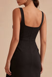 Bodycon Square Neck Ruched Little Black Dress with Drape