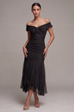 Black Off the Shoulder Ruched Mermaid Midi Dress with Twist Front