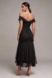Black Off the Shoulder Ruched Mermaid Midi Dress with Twist Front