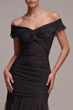 Black Off the Shoulder Ruched Mermaid Midi Dress with Twist Front