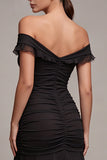 Black Off the Shoulder Ruched Mermaid Midi Dress with Twist Front