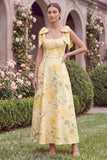A Line Yellow Flower Square Neck Wedding Guest Dress