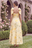 A Line Yellow Flower Square Neck Wedding Guest Dress