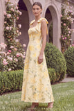 A Line Yellow Flower Square Neck Wedding Guest Dress