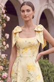 A Line Yellow Flower Square Neck Wedding Guest Dress