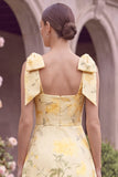 A Line Yellow Flower Square Neck Wedding Guest Dress
