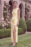 Yellow Flower One Shoulder Mermaid Wedding Guest Dress
