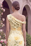 Yellow Flower One Shoulder Mermaid Wedding Guest Dress