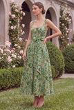 Sage Flower Square Neck Wedding Guest Dress with Sash