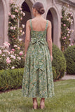 Sage Flower Square Neck Wedding Guest Dress with Sash