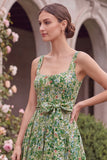 Sage Flower Square Neck Wedding Guest Dress with Sash