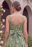 Sage Flower Square Neck Wedding Guest Dress with Sash