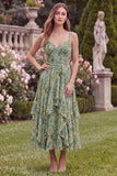 A Line Spaghetti Straps Sage Flower Tiered Wedding Guest Dress