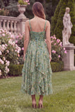 A Line Spaghetti Straps Sage Flower Tiered Wedding Guest Dress