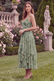 A Line Spaghetti Straps Sage Flower Tiered Wedding Guest Dress