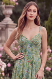 A Line Spaghetti Straps Sage Flower Tiered Wedding Guest Dress