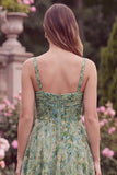 A Line Spaghetti Straps Sage Flower Tiered Wedding Guest Dress