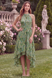 Halter Sage Flower High-Low Wedding Guest Dress