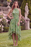 Halter Sage Flower High-Low Wedding Guest Dress