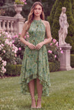 Halter Sage Flower High-Low Wedding Guest Dress