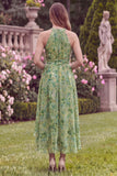Halter Sage Flower High-Low Wedding Guest Dress