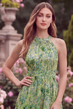 Halter Sage Flower High-Low Wedding Guest Dress