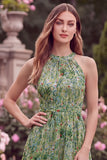 Halter Sage Flower High-Low Wedding Guest Dress