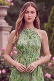 Halter Sage Flower High-Low Wedding Guest Dress