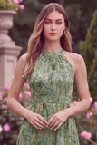 Halter Sage Flower High-Low Wedding Guest Dress