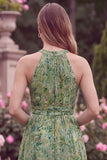 Halter Sage Flower High-Low Wedding Guest Dress